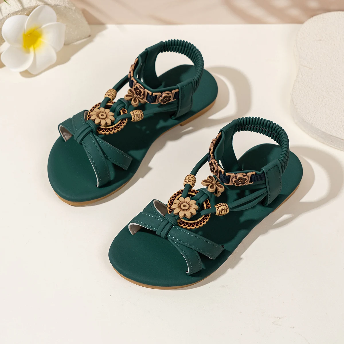 Girls Floral Sandals - Vintage Boho Toddler Summer Shoes Non-Slip Soft Sole Kids Casual Sandals 3-8Y