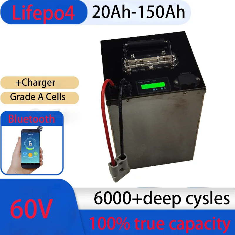 

100Ah 60V 60Ah 80Ah 30Ah 60V 40Ah 150Ah 120Ah lifepo4 Lithium battery with Bluetooth APP BMS for Scooter boat + charger