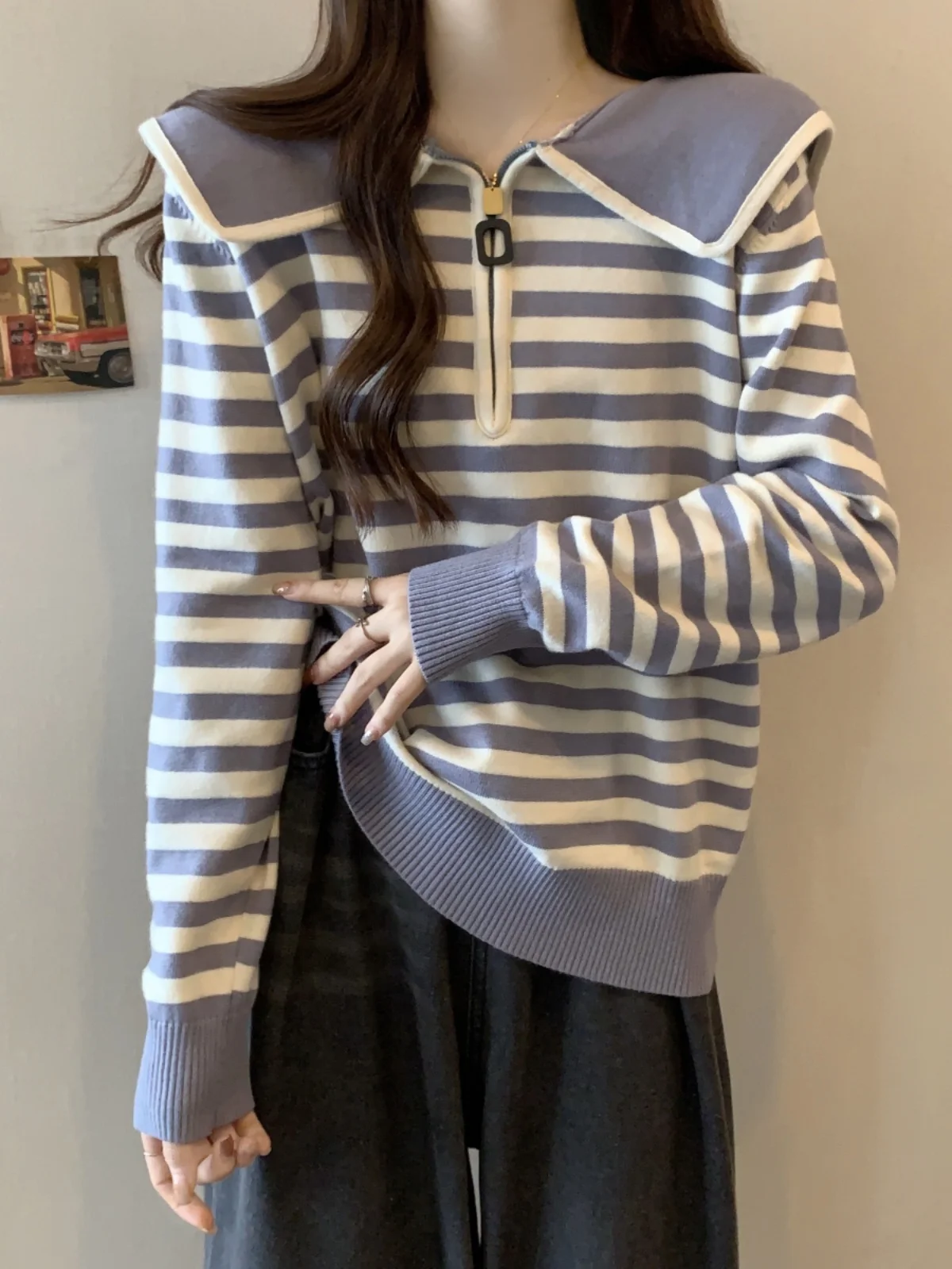 Slimming Effect Half Zip Hoodie Women's Style Spring Autumn plus Size Striped Base Shirt Trendy Navy Collar Top Korean Style