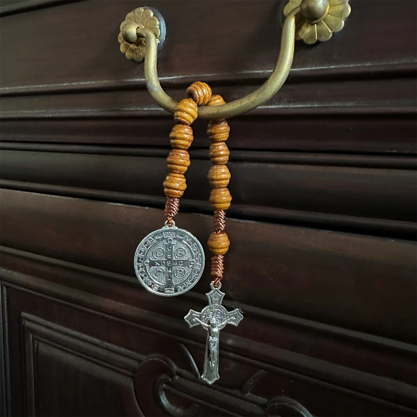 ✝ Saint Benedict Medal Pocket Rosary – Brown Wood Beads & Crucifix 2