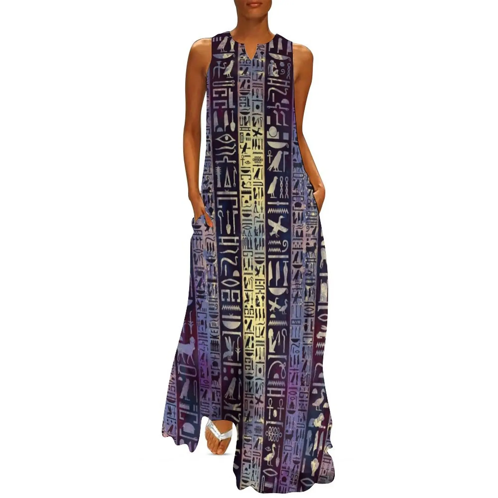 

Egyptian hieroglyphs on purple violet painted texture Long Dress long dresses for women summer dress