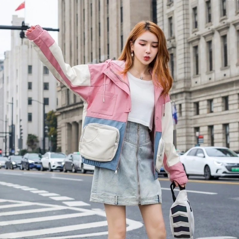 

2023 Mixed Colors Designer Genuine Leather Jacket Women Casual Hooded Coat Fashion Sweet Pink Cargo Jackets Spring Autumn Outer