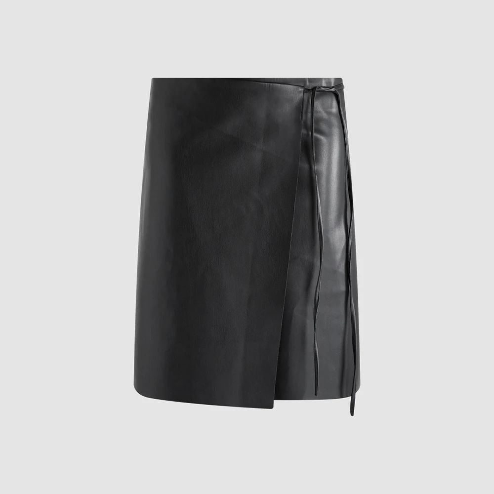 Women Faux Leather Wrap Midi Skirt Elegant Tie‑Up Waist A‑Line Skirt Ladies High Waist Split Skirt For Daily Office Party Wear