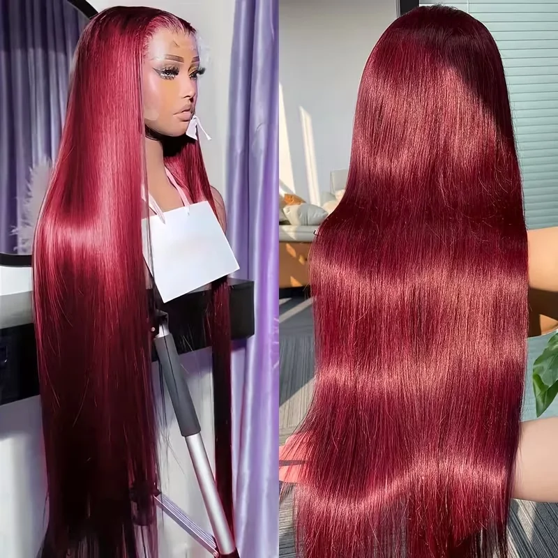 

99j Burgundy 13x4 Lace Front Human Hair Wig 40 Inch 13x6 Straight Lace Frontal Wigs HD Transparent Lace Pre Plucked Colored 99j Wine Red 200% Wig For Women