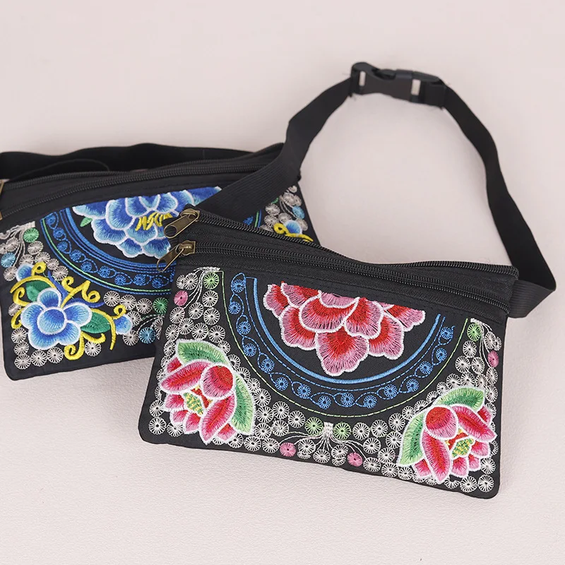 Torba biodrowa damska w stylu etnicznym z motywem piwonii, mini torebka na ramię, haftowana torba crossbody, torebka do ręki, przenośna, nowość 2025, haftowana.