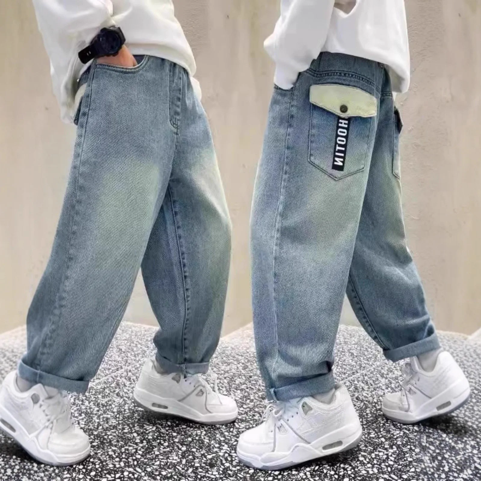 

Hot Sale Children Letter Jeans with Pocket for Boy New Spring Elastic Waist Denim Pants High Quality Teenage Kids Jeans Trousers