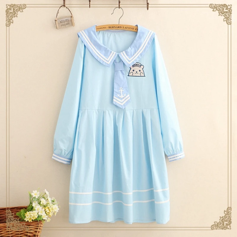 Sommer niedlichen Seemann JK Kleid kleinen Bären Stickerei Design japanische Schulmädchen Uniform hellblau Kindergarten kleinen Enten hut