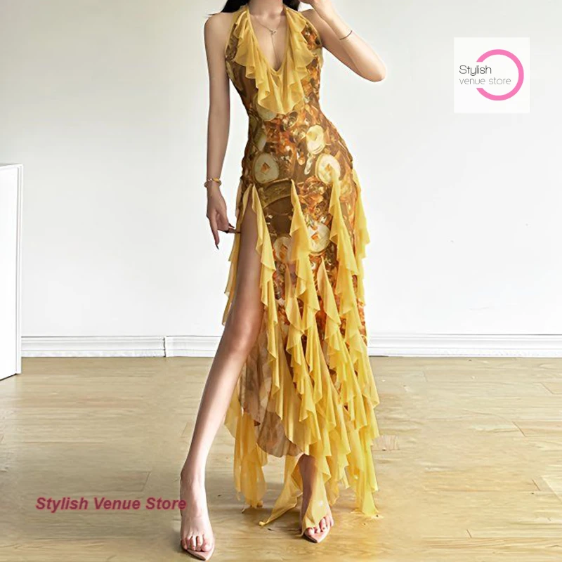 

American spice girl style high-grade sense gold print hanging neck dress female summer sexy irregular split slim slim long skirt