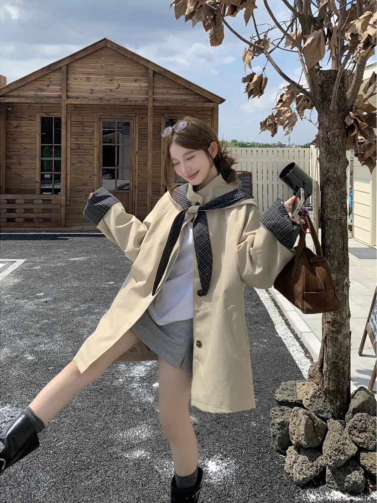 

Briti Sle с капюшоном, длинное женское пальто с воротником-стойкой, осеннее новое дизайнерское свободное клетчатое модное пальто средней длины на одной пуговице