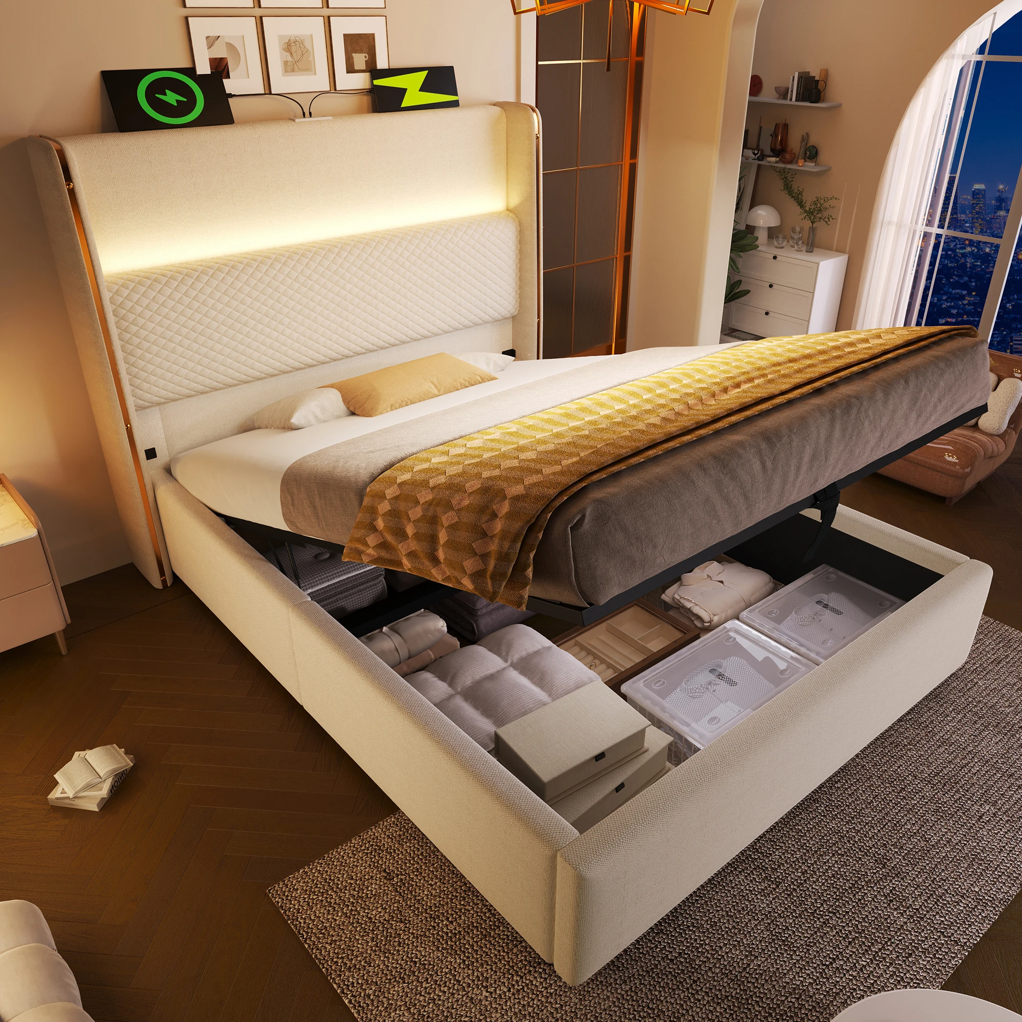 Lit coffre simple avec USB, Type-C et LED réglables, 90 × 200 cm, sans matelas, en tissu lin beige