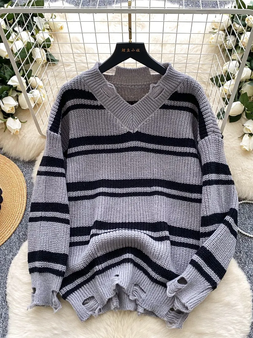 Foamlina Y2k Girl's Streetwear Stripe Sweater Women's Edgy Knit Jumper Cool Top Distressed Stripe Pattern Loose Pullover Sweater