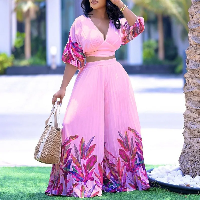 

Fashion V-neck Puff Sleeve Top with Wide Leg Pants Two Piece Sets Summer Women Loose Pleated Print Outfits Elegant Beach Suits