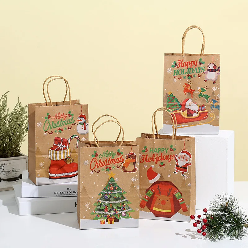 StoBag 24pcs Merry Christmas Kraft paper Gift Bags Tote Packaging Children for Candy Snack Storage Pouch Birthday Party Favors