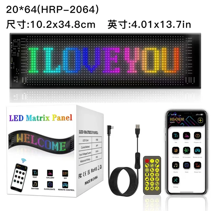 Sinal LED para Carro, Rolagem Sinal LED,Flexível Sinal LED RGB Cor, Bluetooth APP,DIY Design Animações/Texto/Graffiti(12x59,5 centímetros)