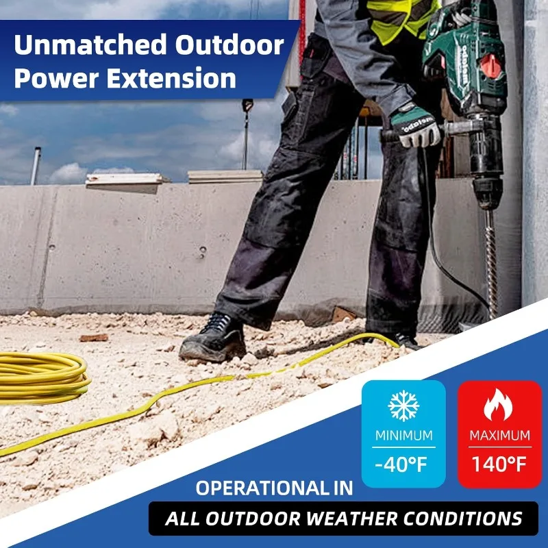 Cabo de extensão externo de calibre 12, 100 pés à prova d'água, plugue de 3 pinos, SJTW resistente 15A 1875W, cabo de extensão amarelo com iluminação
