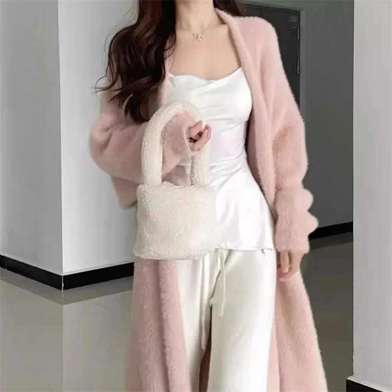 Women Mink Fur Sweater Jacket Loose Lazy Style, Cardigan Bathrobe, 2024 Autumn And Winter Female Mid Length White Knitted Cardig