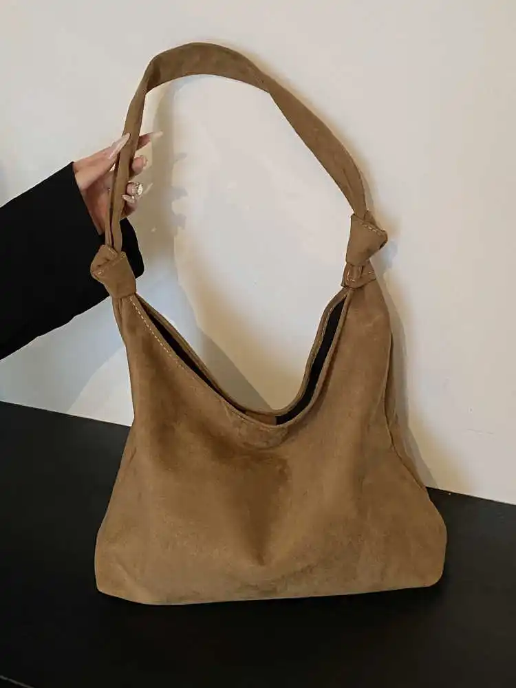 Vintage Suede Brown Shoulder Bags for Women 2024 New Solid Color Large Capacity Shopping Tote Bag Lady Textured Handbags