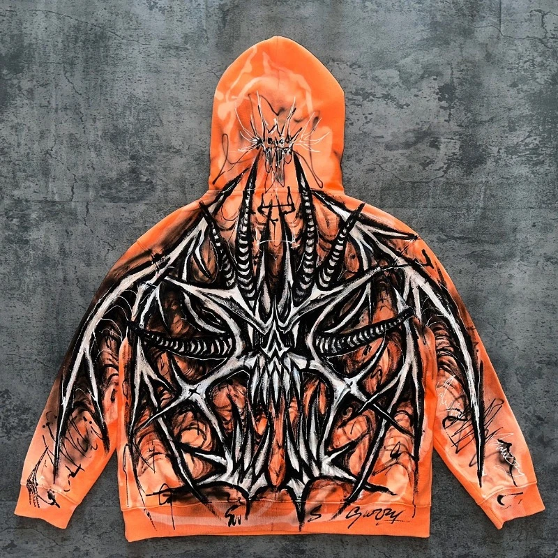 Gothic devil geometric pattern print orange oversized hoodies for men 2000s high street hip-hop y2k casual all-match sweatshirts