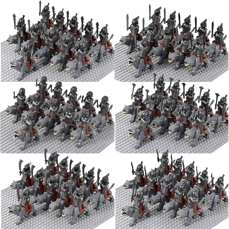 MOC Uruk-hai Orc Army Group Orcus Figures with Grey Wolf Mount Model Building Blocks LOTR Bricks Medieval Toys for Children Gift