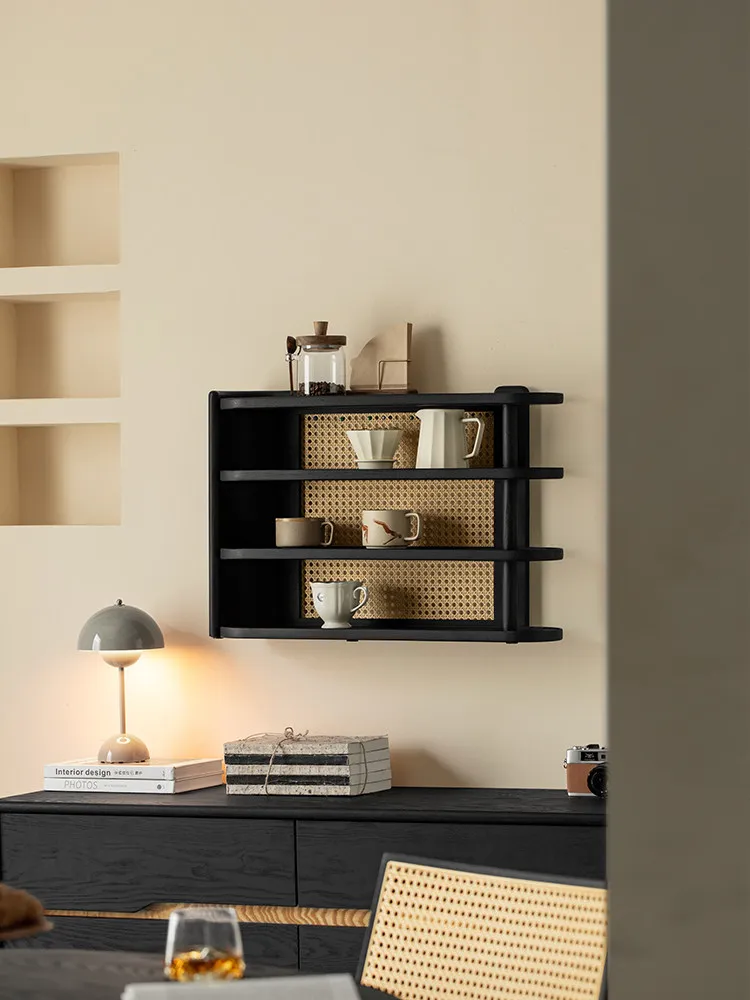 Furniture, empty rattan cup holder, desktop height-increasing storage rack, tea set display rack, black ash wood rattan rack.
