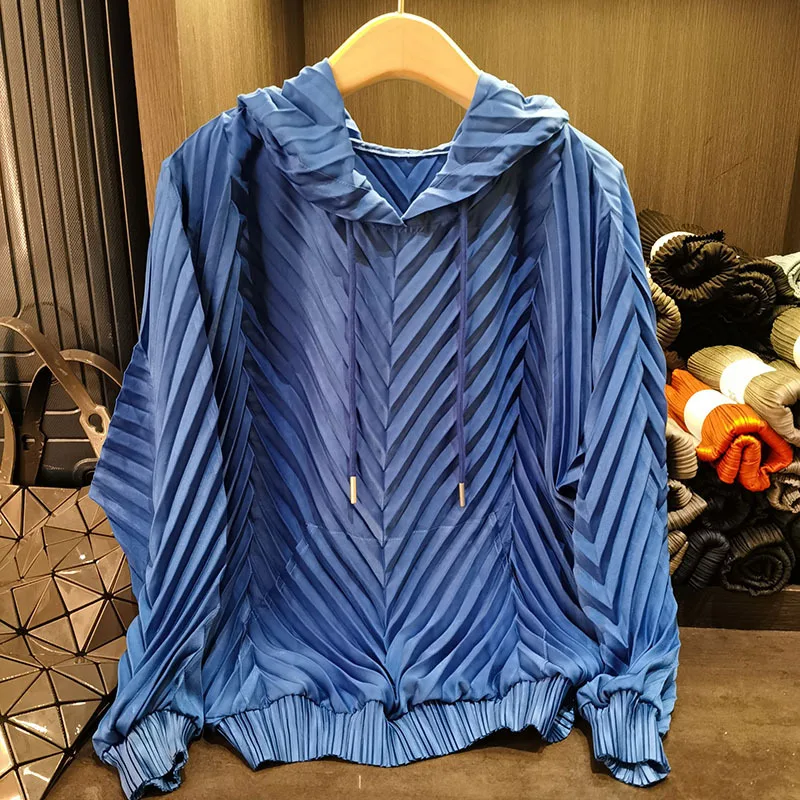 Miyake Pleated Sweater Hoodie Fashion Fold Tops Women Spring New Casual Simple Loose Big Yards Versatile Pleat Hooded Pullover