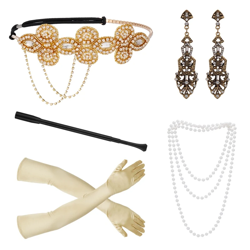 Women 20s Headband Pearl Necklace Gloves Cigarette Holder Anime Earring Set Vintage 1920s Flapper Costume Accessories Set