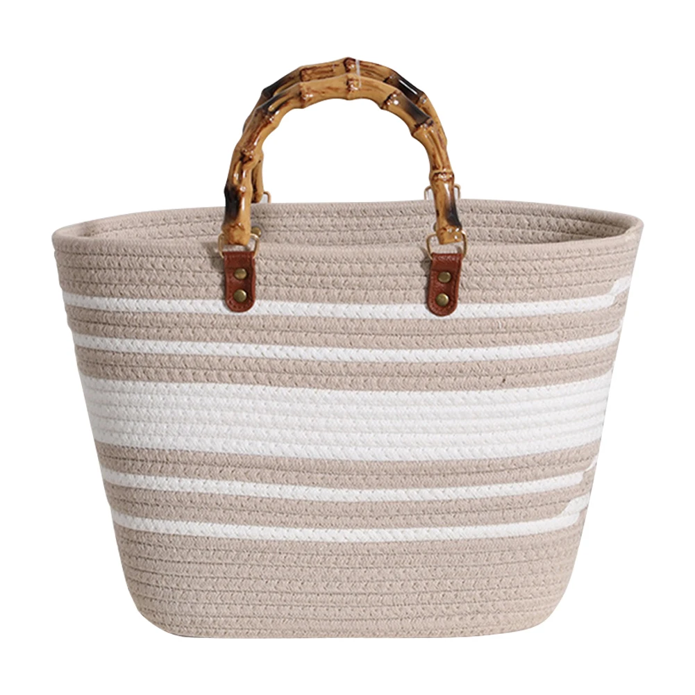 Cotton Woven Handbags Bamboo Handle Ladies Woven Tote Large Capacity Striped Portable Casual Fashion Exquisite for Seaside Party