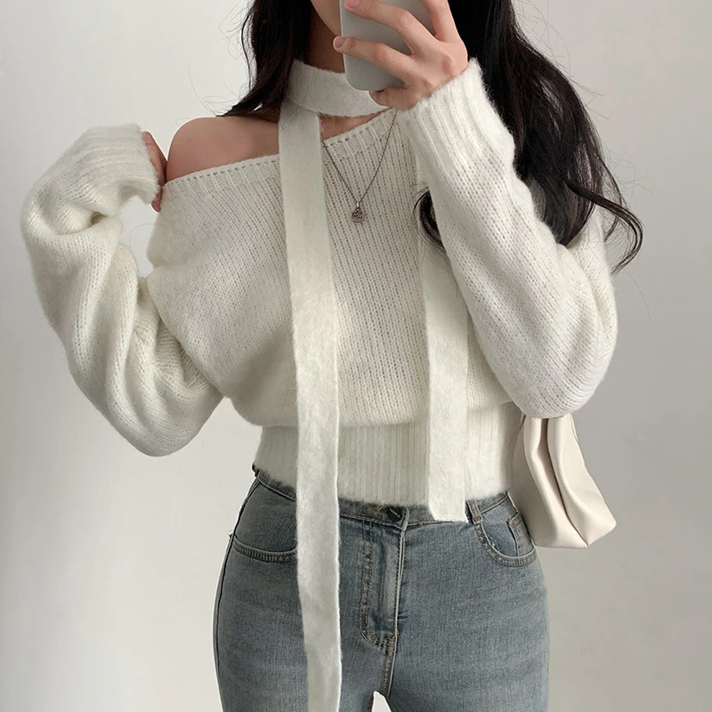 

Chic Winter Knitted Sweater oulder Bared Long Sve Loose Fit Ele One-oulder Design Versatile for Autumn And Winter