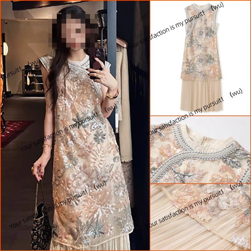 

New Chinese high-end heavy industry embroidery improved cheongsam dress summer new national style splicing dress women N4073