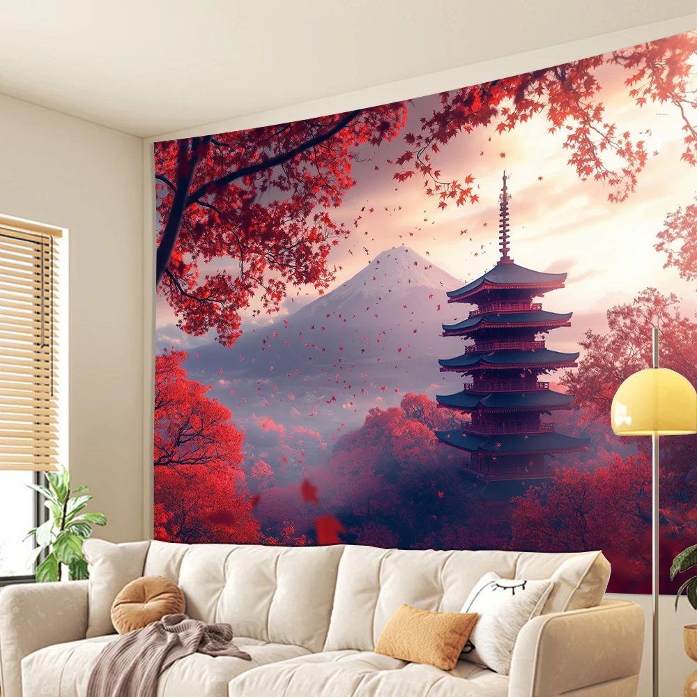 Традиционная японская архитектура и гора Фудзи Пейзаж Настенный подвес Гостиная Спальня Декоративные гобелены из полиэстера