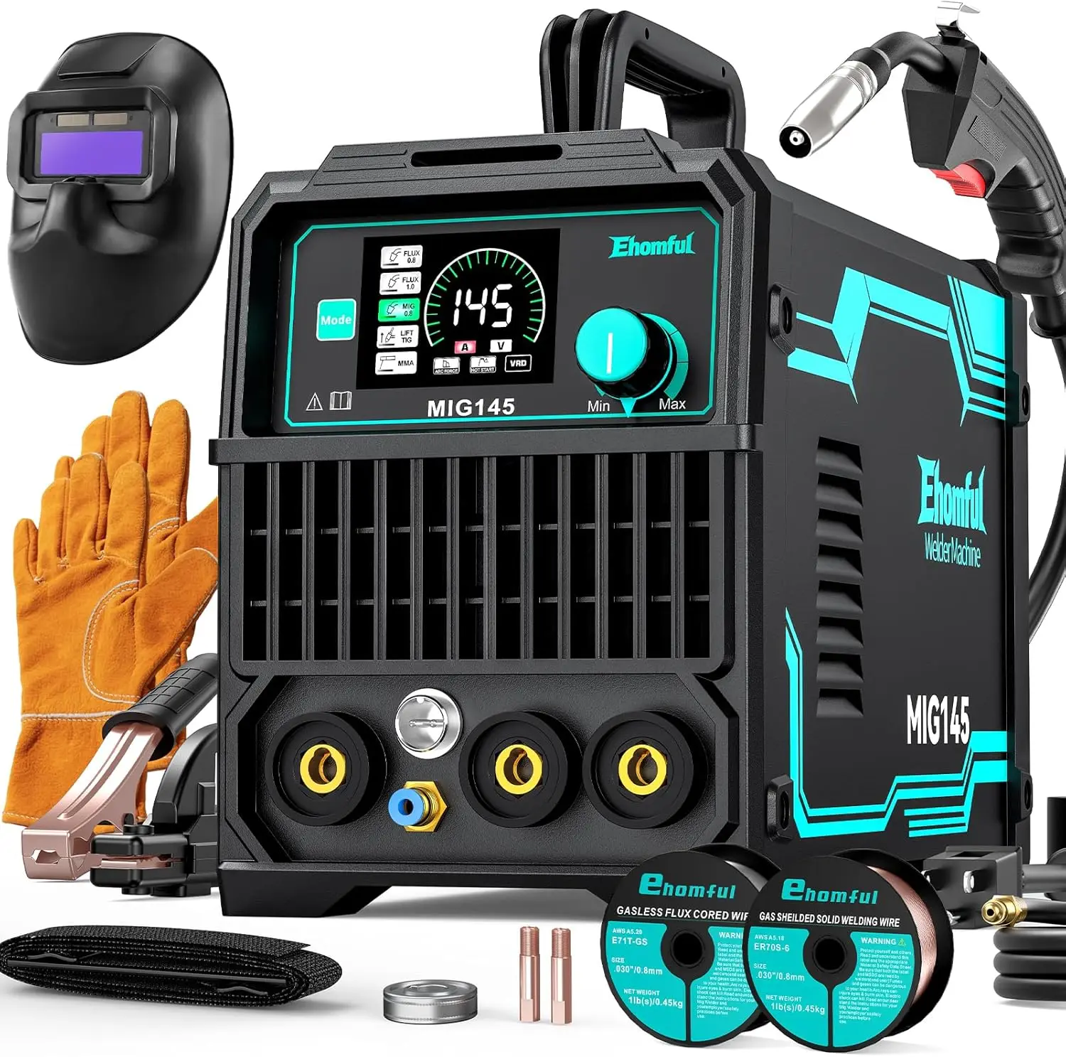 

4-in-1 MIG Welder 110V/220V Dual Voltage, Gas/Flux Core/Lift TIG/Stick, Portable IGBT Inverter with Synergic Control & Auto