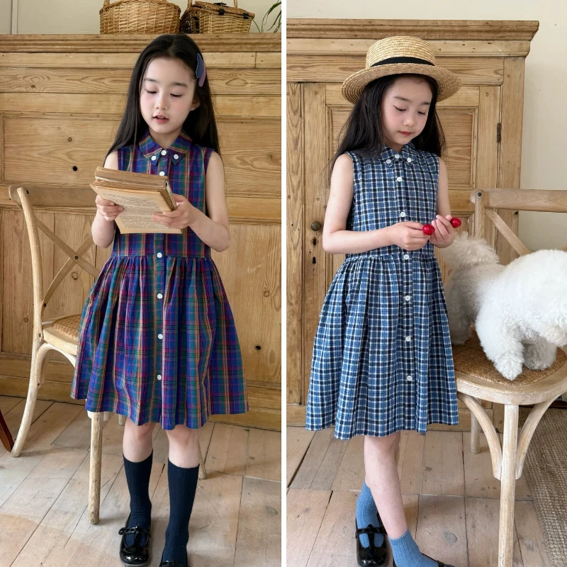 Hand Smocked Girl Dress Vintage Cotton Vest Smocked Embroidery Dress Kids Casual Outfit Preppy Plaid Collar Girls Sleeveless
