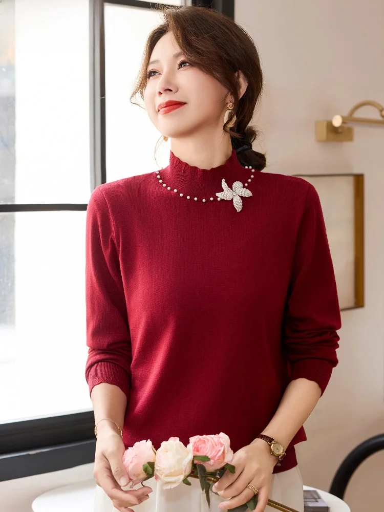 

Весенний вязаный свитер для молодых мам, женщин среднего и старшего возраста, модный базовый топ красного цвета к Году Крысы