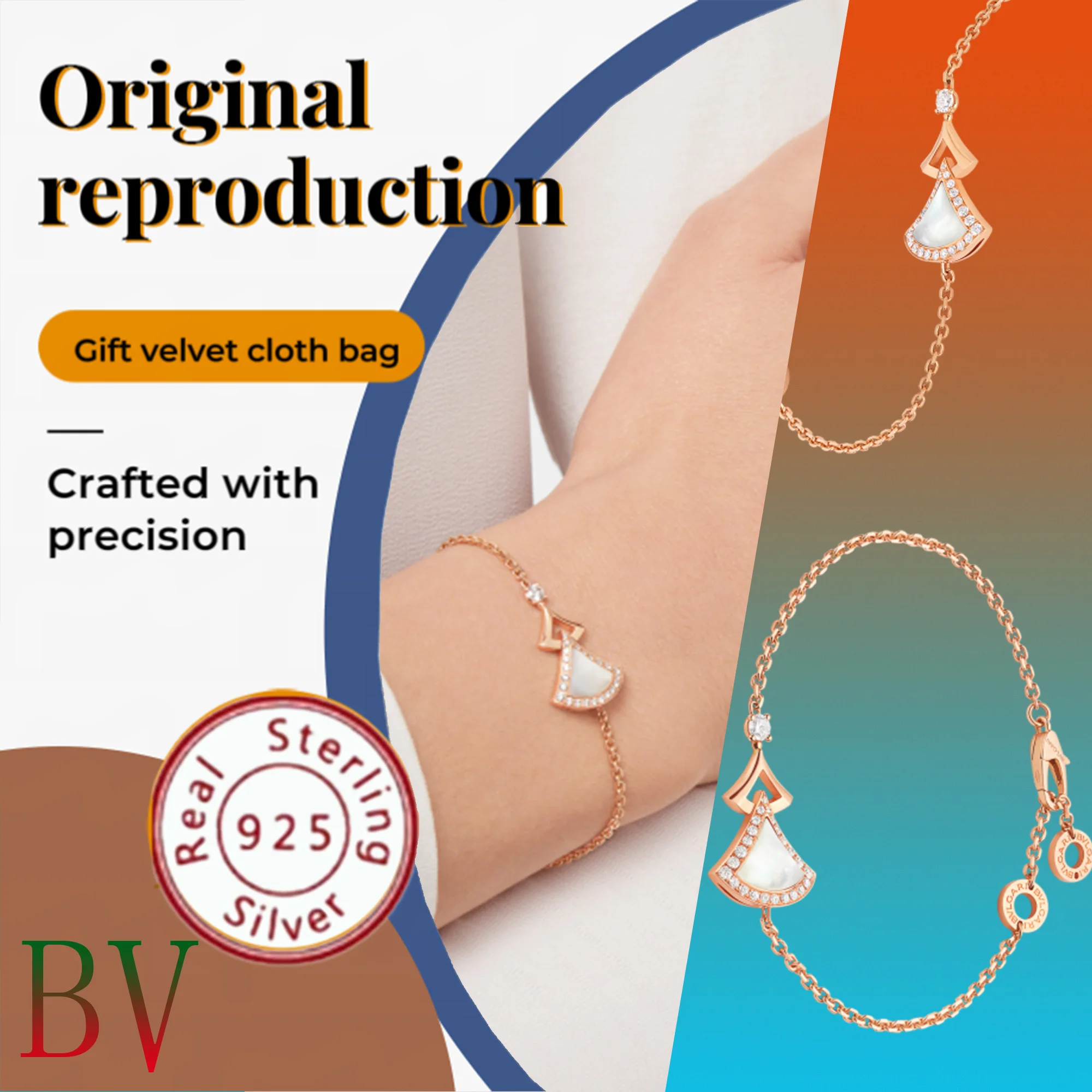 Hollow out design pearl mother of pearl BV pure silver s925 luxury brand design fan-shaped exquisite charm women's bracelet