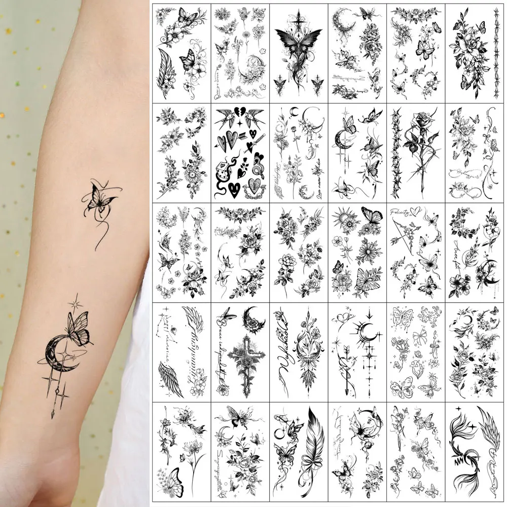 30pcs Temporary Tattoo Sticker With Butterfly And Moon Patterns Suitable for Men And Women Hands Bodies Fake Tattoos Waterproof