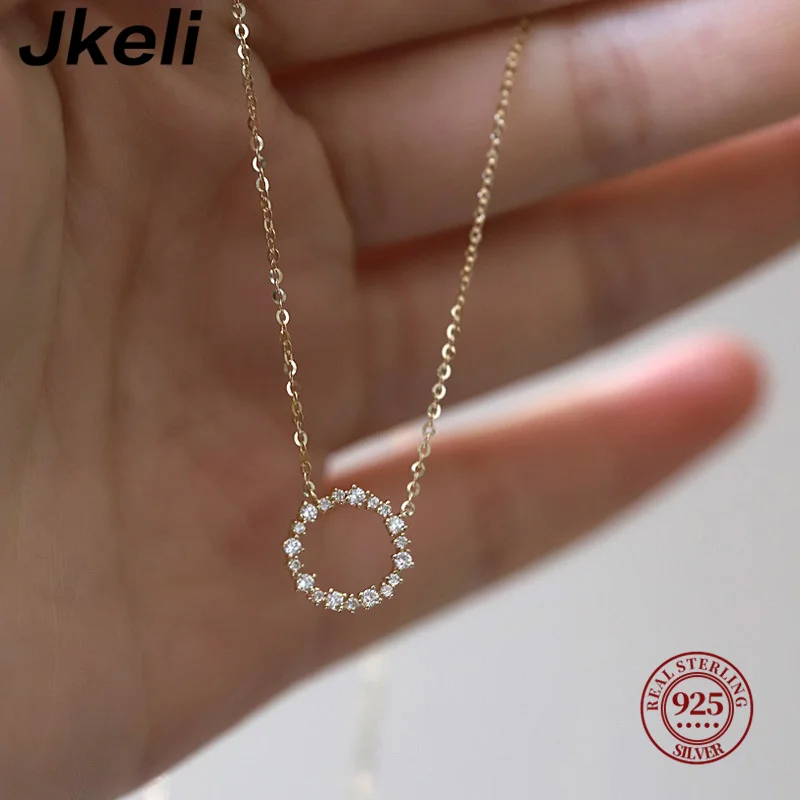 Jkeli -100% S925 Sterling Silver Plated 18K Gold Necklace with Full Diamond Circle Style Japanese and Korean K Gold Collar Chain