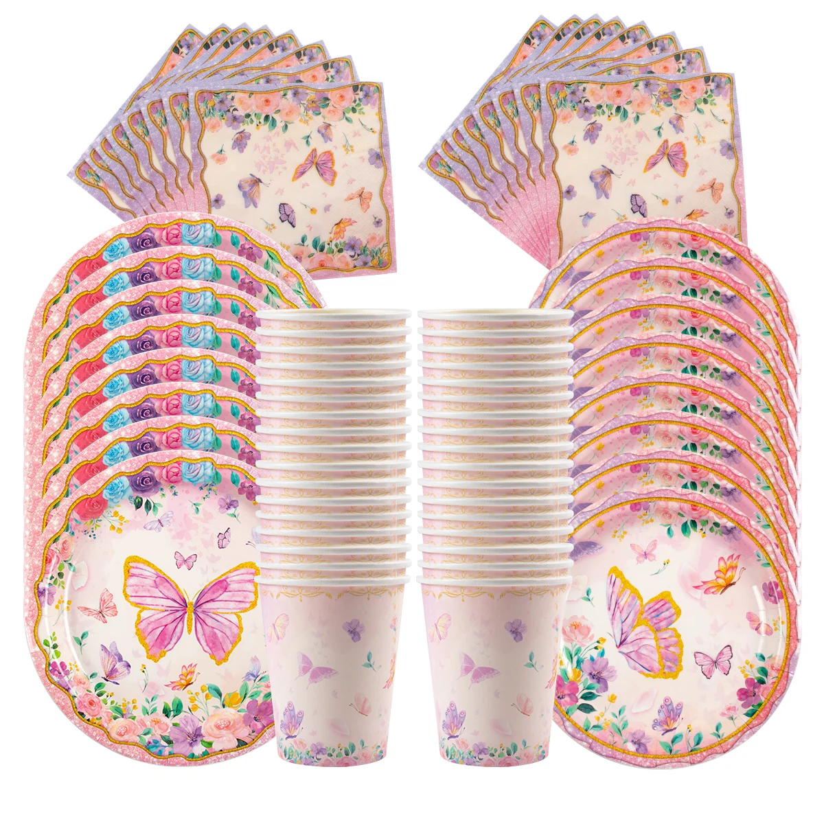 

Pink Butterfly Flower Disposable Tableware set Paper Plate Cup Butterfly Theme Birthday Party Decor Wedding Baby Shower Supplies