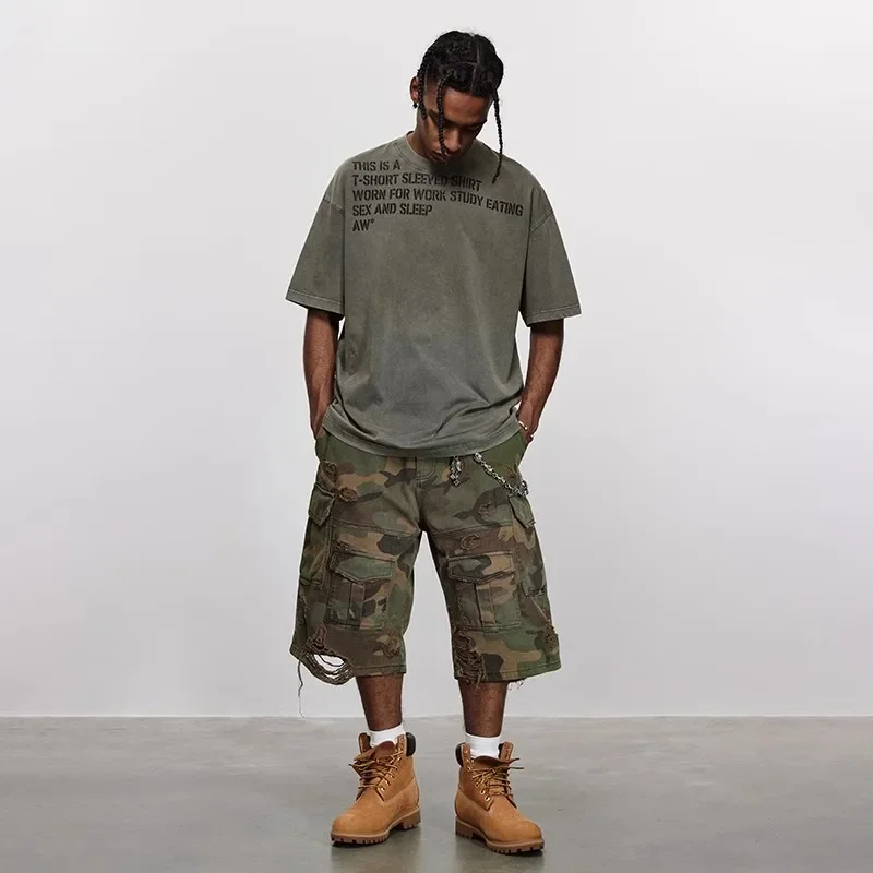 Destroy Camouflage Grinding Washed Cropped Pants Ripped Shorts Loose Wide-leg Shorts