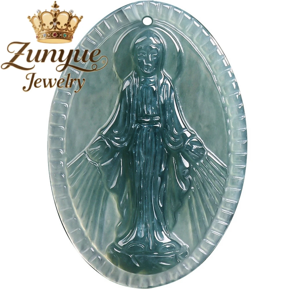 High-end natural a-grade jadeite azul água virgem maria pingente jade requintado pingente para homens e mulheres moda jóias