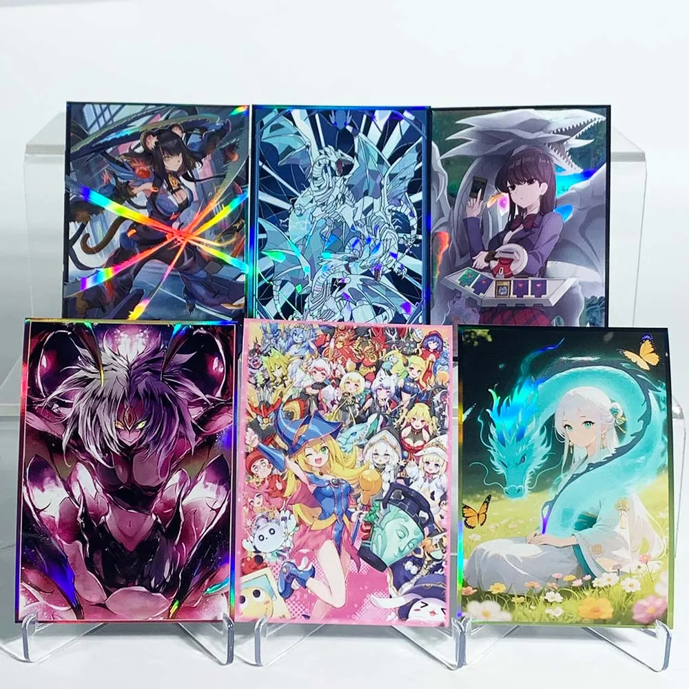 

50PCS 63x90mm Trading Cards Protector Holographic Animation YGO Card Sleeves Shield Laser Cute Card Deck Cover Japanese Size