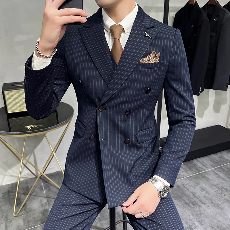 Terno de casamento masculino para noivo, terno casual listrado, trespassado duplo, marca de luxo masculina para negócios e escritório, colete blazer