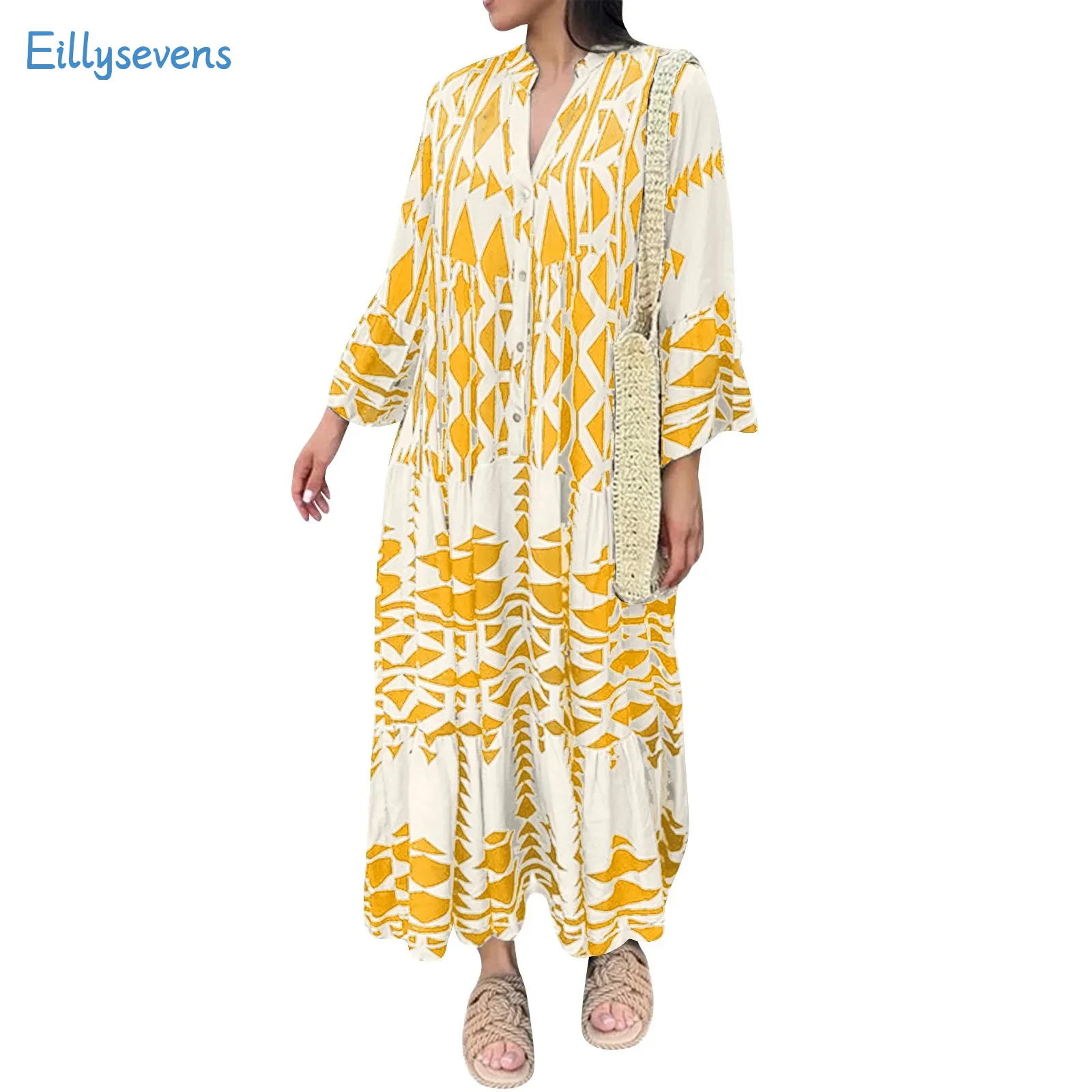 Women'S Printed Maxi Dresses Fashion Casual Loose Shirt Dress Bohemian Style Long Sleeved Daily Commute Vacation Long Dress