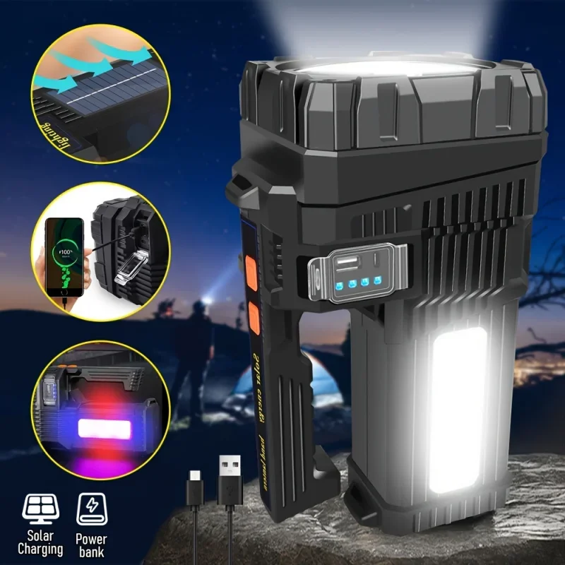 Rechargeable Spotlight LED Flashlight Ultra High Lumens, Super Bright Solar COB Spotlight With 6 Modes, 6 Modes Searchlight