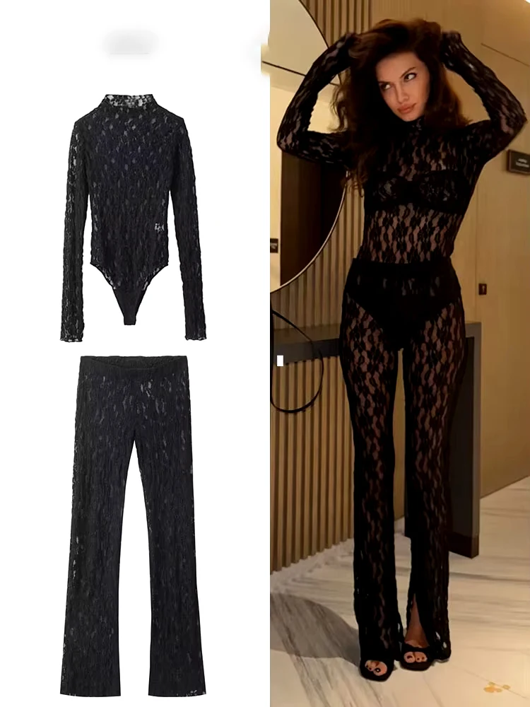 

Womens Lace Pants Sets Slim Jumpsuits Top + High Waist Trousers Sexy Lady Floral Lace Translucent Y2k Bodysuit Suits