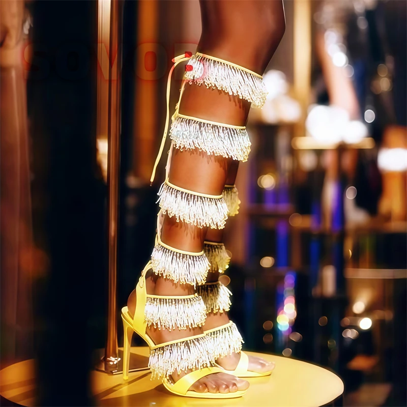 Sequin Fringe High Heel Sandals Open-Toe Beaded Knee-High Gladiator Sandals Lace Up Women'S Shoes Winding Tassel Design Sandals
