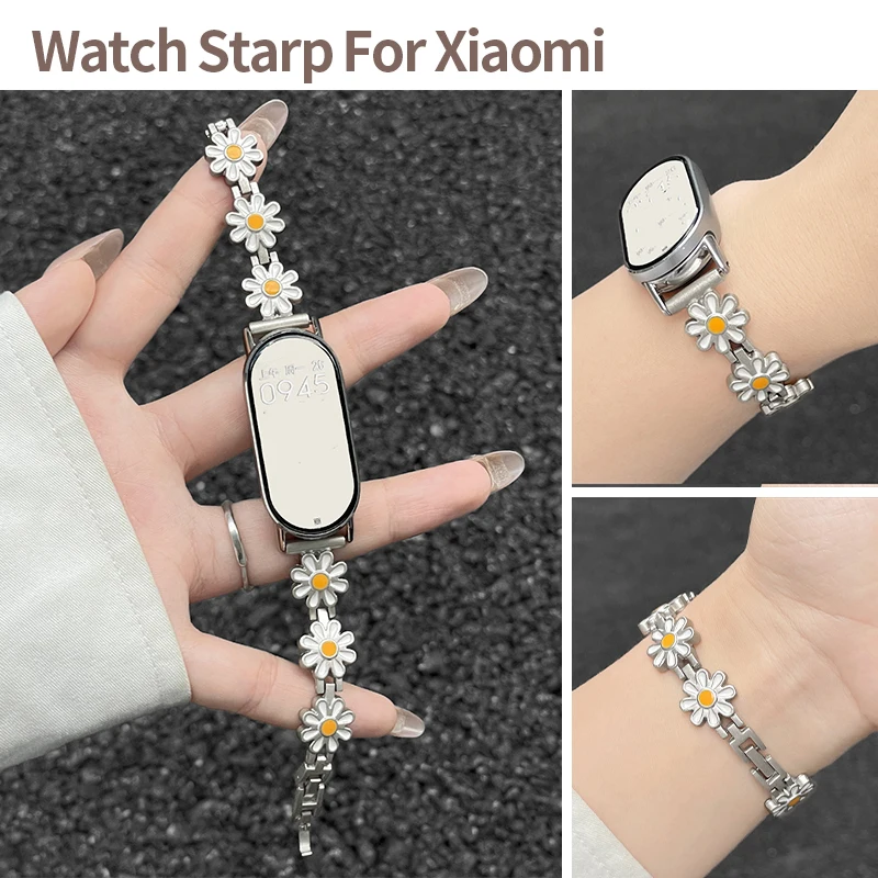 Women Daisy Flower Metal Chain Strap for Mi Band 10 9 8 Small Floral Enamel Bracelet Replacement Wristband for Xiaomi 8pro 9pro
