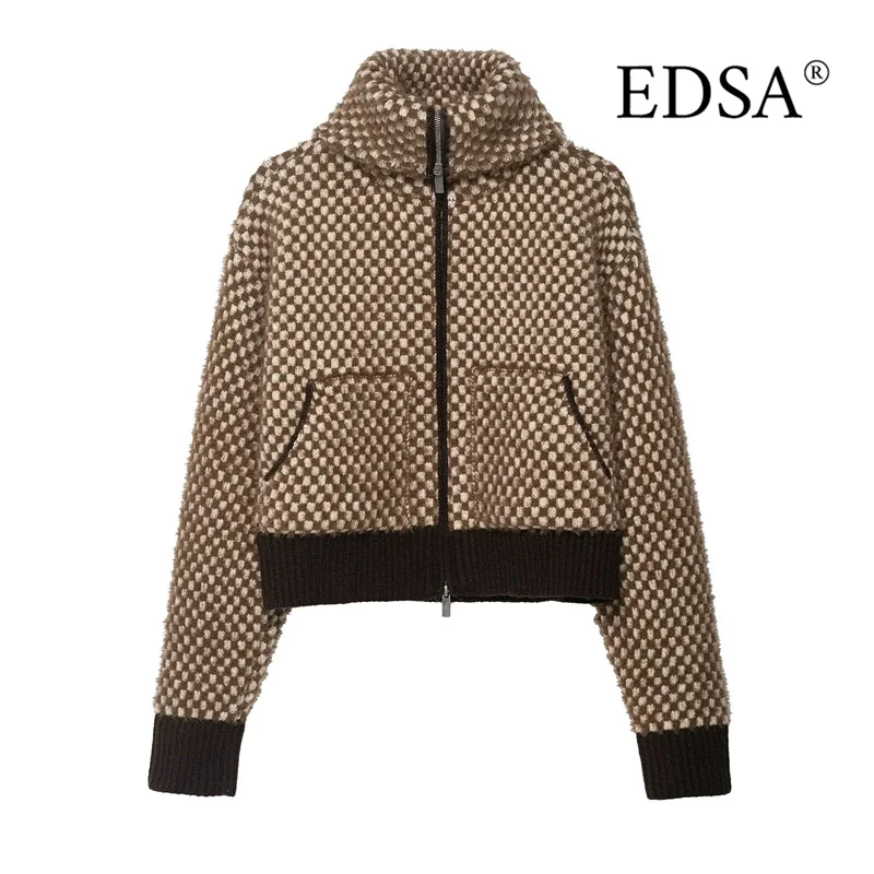 EDSA Chaqueta corta de piel sintética tejida en contraste para mujer, chaqueta Bomber informal de manga larga con cuello alto y cremallera lateral para mujer