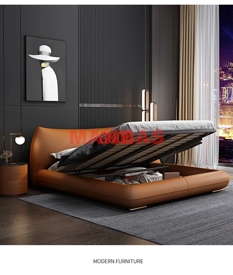 Linlamlim Genuine Leather Bed Double Size Rectangle Bed Frame Nordic King/Queen Size Wedding Lits Designer Upholstered Camas