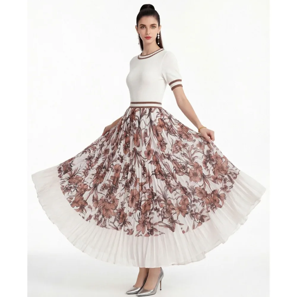 

Fashionable Knitted Long Dress with Chiffon Print And Elegant Flounce Midi Skirt for Women Spring Summer Season A-Line Silhou...