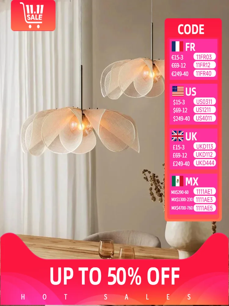 

Nordic Fabric Flower Pendant Led Lights for Living Room Loft Hanging Lamps Home Decoration Cream Style Bedroom Lustre Chandelier